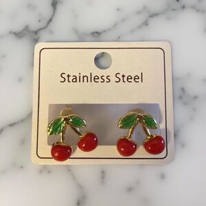 Cherry Earrings – Red & Green Stainless Steel, Fun Fruit Statement Jewelry